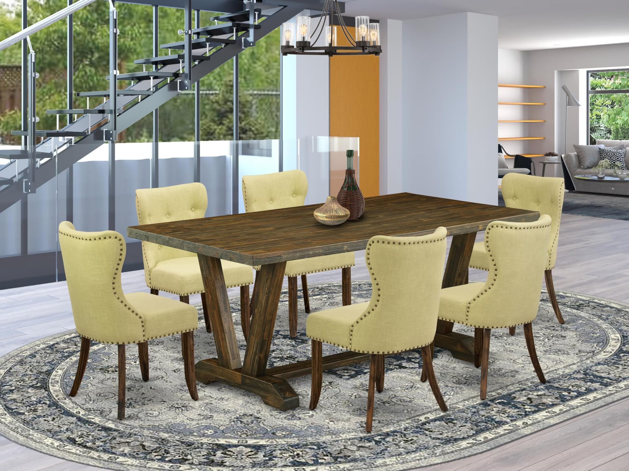 East West Furniture V777Si737-7 7 Piece Modern Dining Table Set Consist Of A Rectangle Wooden Table With V-Legs And 6 Limelight Linen Fabric Upholstered Chairs, 40X72 Inch, Multi-Color
